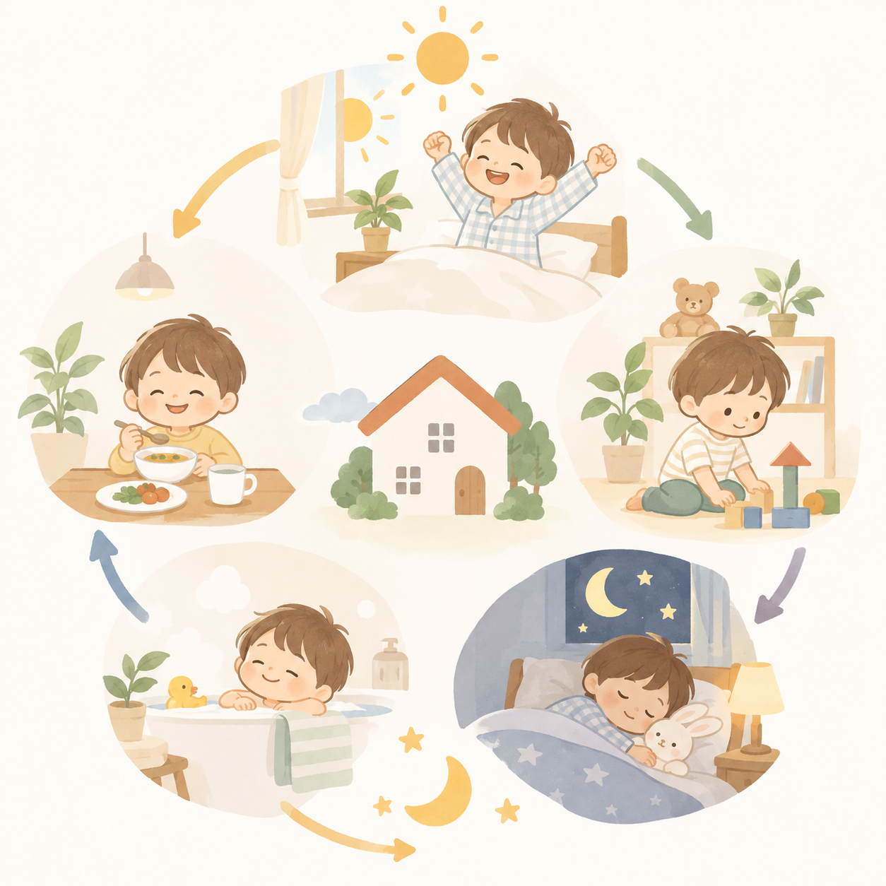 朝から夜までの子どもの生活リズムを表したイメージ