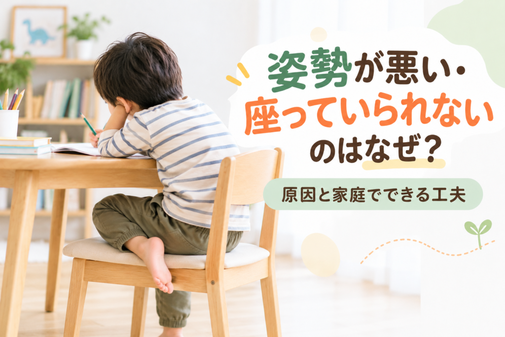 姿勢が悪く、座っていられない子どもの様子を示す画像