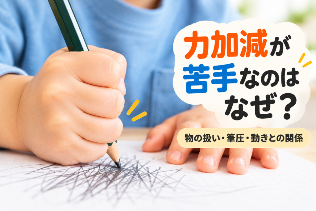 子どもが鉛筆を強く握っている様子を写した、力加減の苦手さを伝える記事のアイキャッチ画像